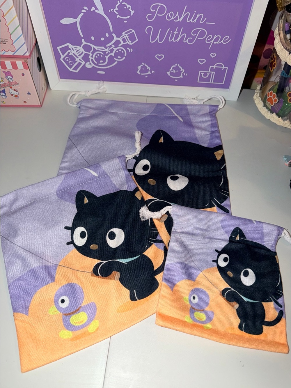 🐈‍⬛NWOT 3 pc Chococat drawstring bags in Lavender & Peach